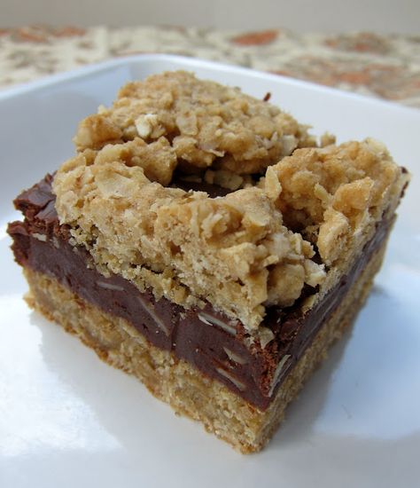 Oatmeal Fudge Bars - Football Friday | Plain Chicken Oatmeal Fudge, Oatmeal Fudge Bars, Potluck Dessert, Oatmeal Cookie Bars, Almond Cookie, Potluck Desserts, Chocolate Oatmeal Cookies, Fudge Bars, Make Ahead Desserts