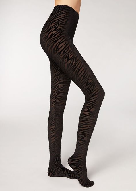 Zebra Flocked Devoré Tights - Patterned tights - Calzedonia Patterned Leggings Outfits, Leopard Tights, Floral Tights, Versace Runway, Dresses And Tights, Thermal Tights, Tight Sweater, Patterned Tights, Black Leopard Print