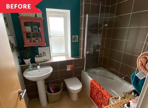 B&A: Bathroom Renovation Less Than $200 | Apartment Therapy Dingy Bathroom, Glam Apartment Decor, Dark Brown Bathroom, Brown Tile Bathroom, Beige Floor Tile, Dark Green Bathrooms, Rental Bathroom, Brown Tile, Spa Like Bathroom