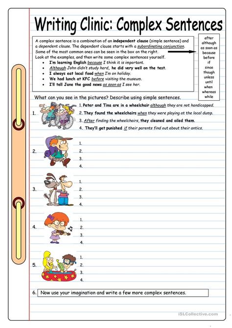 Writing Clinic: Complex Sentences - English ESL Worksheets for distance learning and physical classrooms Writing Complex Sentences, Paragraph Writing Worksheets, Writing Paragraphs, Sentence Worksheet, Complex Sentence, Complex Sentences Worksheets, Writing Sentences Worksheets, English Essays, Sentences Worksheet