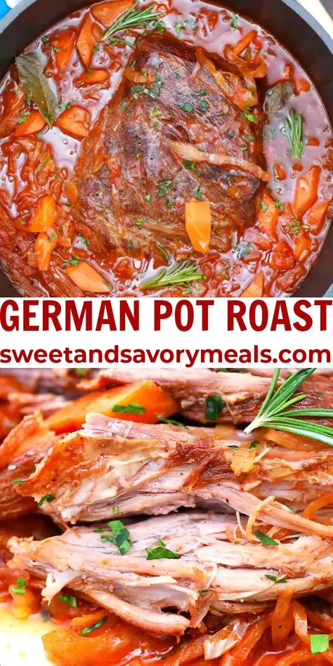 Roast And Cabbage Crockpot, Easter Pot Roast, Easter Roast Recipes, Arm Roast Recipes, German Pot Roast, Pot Roast Video, Food Authentic, Classic Pot Roast, German Foods