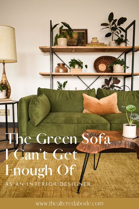 The green velvet sofa I can't get enough of. I styled this green sofa with plants, baskets, and vintage art to create a warm and earthy plant filled living room. Industrial Living Room Green, Sofa With Plants, Mid Century Sofa Living Room, Plant Filled Living Room, Living Room With Green Sofa, Green Sofa Inspiration, Bookshelf With Plants, Living Room Green Sofa, Velvet Green Sofa