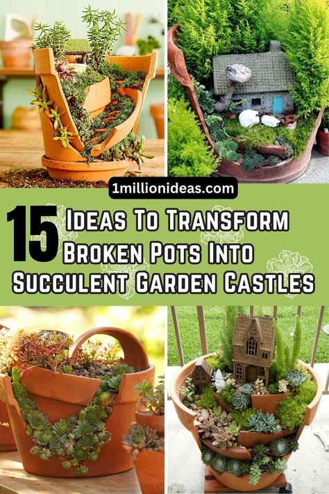 15 Ideas To Transform Broken Pots Into Succulent Garden Castles - 102 Broken Clay Pots Ideas, Broken Flower Pot Ideas, Broken Pot Garden, Fairy Garden Pots, Succulent Planter Diy, Fairy Garden Designs, Succulent Garden Diy, Colorful Succulents, Pot Ideas