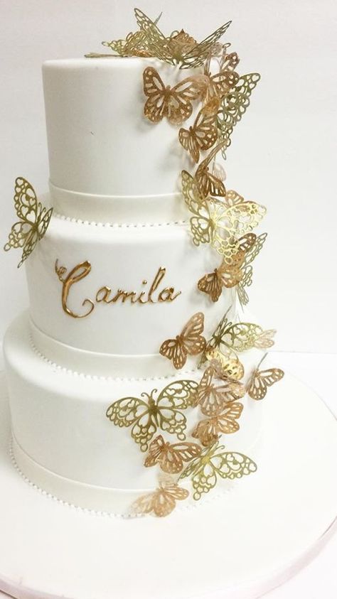 Butterfly Wedding Cake Ideas, White Cake With Gold Butterflies, 15 Cakes Ideas Birthdays, Quince Cakes Champagne, Quinceanera Cake Butterfly, Rose Gold Butterfly Quinceanera Theme, Gold Quince Cake, Gold Butterfly Cake, Pink Gold Wedding Cake