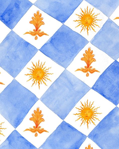 Loved creating this Sicilian inspired watercolour pattern after my recent trip to Sicily! I had so much fun painting different versions of the sicilian sun emblem but this one was by far my favourite. Mediterranean Typography, Watercolour Branding, Sicilian Pattern, Sicilian Design, Sicilian Print, Mediterranean Illustration, Sicilian Aesthetic, Italian Patterns, Sicily Art