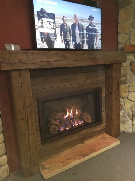 Rustic Gas Fireplace Ideas, Gas Fireplace Mantle Ideas, Gas Log Fireplace Ideas, Barnwood Wall Fireplace, Propane Fireplace Indoor Rustic, Barn Wood Accent Fireplace, Gas Fireplace Mantel, Thick Wood Mantels On Stone Corner Fireplace, Electric Fireplace With Barn Wood Mantle