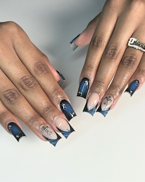 Revenge Nails, Blue Coffin Nails, Royal Blue Nails, Dark Blue Nails, Punk Nails, Airbrush Nails, Blue Acrylic Nails, Gel Nails Diy, Grunge Nails