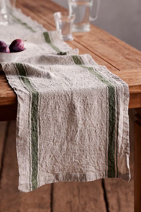 Edged with vintage-inspired stripes, this classic runner is handmade by a family-run linen mill. Stone-washed for extra softness. Placemats On Table, Table Runner Sewing, Mill Stone, Kitchen Table Runner, Table Runner Green, Linen Table Runners, Linen Runner, Dining Table Runner, Earthy Home