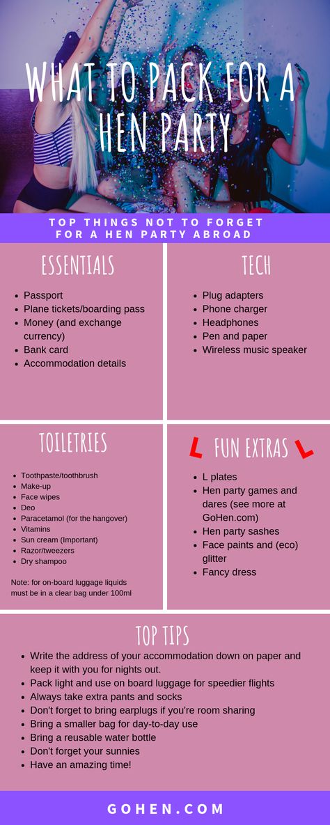 Top tips for packing for your hen party. Find everything you need to know about travel packing and travel tops tips. If you're travelling abroad on a hen party soon check out our travel packing checklist and make sure you don't forget anything!   #travelpacking #travelpackinglight #travelpackingtips #henparty #hendo #packingtips #howtopacklight #europetravel #europe Hen Party Ideas Abroad Outfits, Hen Party Essentials, Hen Party Checklist, Hen Party Ideas Abroad, Hen Party Abroad Ideas, Abroad Hen Party Ideas, Hen Do Ideas Abroad, Hen Party Abroad, Hen Do Abroad