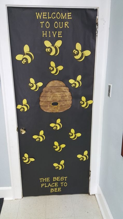 Bee door, by Adriene. Welcome To Our Hive Classroom Door, Bee Hive Door Decoration, The Best Place To Bee Classroom Door, Bee Hive Classroom Door, Bumble Bee Classroom Door, Bumble Bee Door Decorations Classroom, Honey Bee Classroom Decor, Bee Decorations For Classroom, Bumblebee Classroom Theme