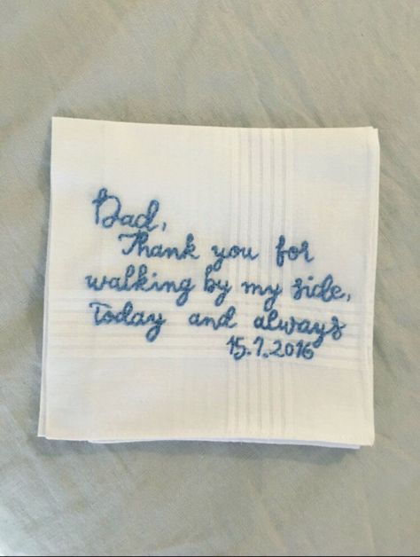 Let your dad know just how much he means to you on your wedding day by gifting him a personalized handkerchief. It will come in handy when he sees you in that dress! *This listing is for a single hanky. Follow the link below to shop the bundle option, where you can choose two parent of the couple hankies for a discount* BUNDLE: https://www.etsy.com/listing/959782202/bundle-mother-of-bride-embroidered-hanky?ref=shop_home_active_1&frs=1 D E S C R I P T I O N *Cotton Handkerchief *Hand Letterin Father Of Bride Handkerchief, Day Of Groom Gift From Bride, Father Of The Bride Wedding Aesthetic, Dad Wedding Gift From Bride, Gifts For Future Husband, Gift For Husband On Wedding Day, Deaf Wedding, Day Of Wedding Gifts, Sentimental Wedding Ideas