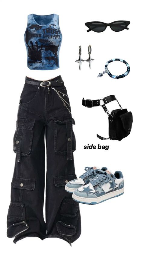 Small Tops Big Pants, Veterinarian Aesthetic Outfit, Athstetic Outfit Ideas, How To Make Any Outfit Look Good, Chase Atlantic Outfit Ideas Concert, Concert Outfit Ideas Pants, Y2k Concert Outfit Ideas, Dark Top Light Bottom Outfit, Small Top Baggy Pants Outfit