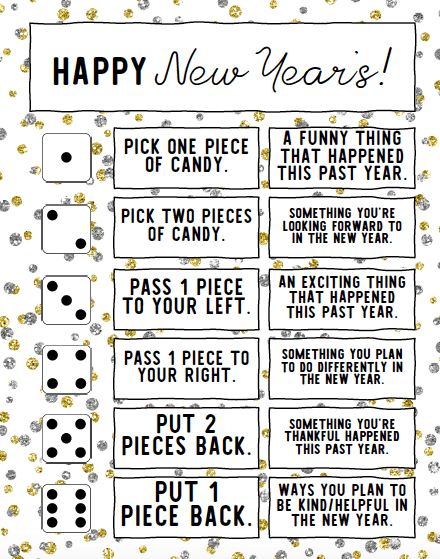 A printable New Years dice game where players take turns rolling the dice, passing candy, and reminiscing on the year and looking forward to the new one. #printableboardgames #kidsactivities #newyearsgames New Year Family Games, Hourly Activities For New Years Eve, New Years Challenge Ideas, New Years Games For Families, New Years Eve Party Checklist, New Year’s Eve Printable Games, New Years Scattergories, Party Games With Dice, 123123 Party