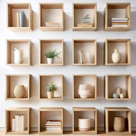 16 Wall Shelves - 30x30 cm Each, 18 cm Depth Enhance your space with this elegant set of 16  wall shelves, perfect for any modern or contemporary home decor. Each cube measures 30x30 cm with a depth of 18 cm, offering ample space for storing books, showcasing decorative items, or organizing essentials. Crafted from durable melamine wood, these shelves are designed to last and maintain their pristine look over time. Ideal for a wide range of settings, these shelves are perfect for: Living Room: D Asymmetrical Bookshelf, Book Shelves Wall, Floating Book Shelves, Bookshelf Floating, Modern Bookshelves, Modular Shelves, Organizing Essentials, Etagere Cube, Bookshelf Modern