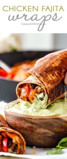 Chicken Fajita Wraps with Creamy Avocado Dip with layers of cheese, black beans, rice, the BEST chicken fajita filling, and sour cream all rolled up then skillet toasted for slightly crispy wraps that are absolutely addicting!! Mexican Chicken Fajitas, Fajita Wraps, Creamy Avocado Dip, Chicken Fajita Wraps, Savory Lunch, Easy Chicken Fajitas, Easy Skillet Meals, Carlsbad Cravings, Chicken Ideas