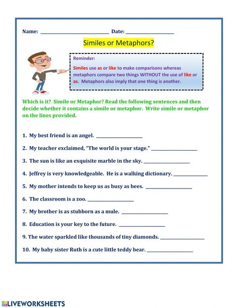 Metaphor Worksheet Grade 5, Metaphors Worksheet, Similes Worksheet, Metaphor Worksheet, What Is A Metaphor, Simile Vs Metaphor, Simile And Metaphor, Simile Worksheet, Literature Notes