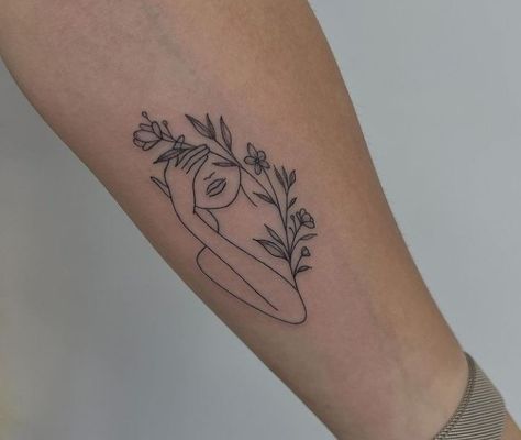 Tattoo Lower Arm Women, Self Love Flower Tattoo, Confident Tattoo Ideas, Simple Upper Arm Tattoos For Women, Flowers Growing Out Of Head Tattoo, Therapy Tattoo Ideas, Small Upper Arm Tattoos For Women, Woman Flower Tattoo, Woman Head Tattoo