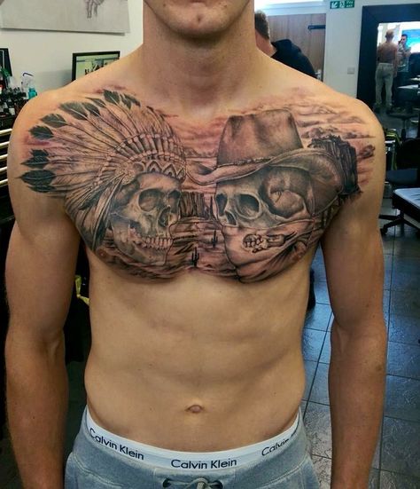 Native American Chest Tattoo For Men, We The People Chest Tattoo, Country Chest Tattoos For Men, Western Chest Tattoo Men Ideas, Cowboy Chest Tattoo, Indian Chest Tattoo, Western Chest Tattoo, Cowboy And Indian Tattoo, Country Boy Tattoos