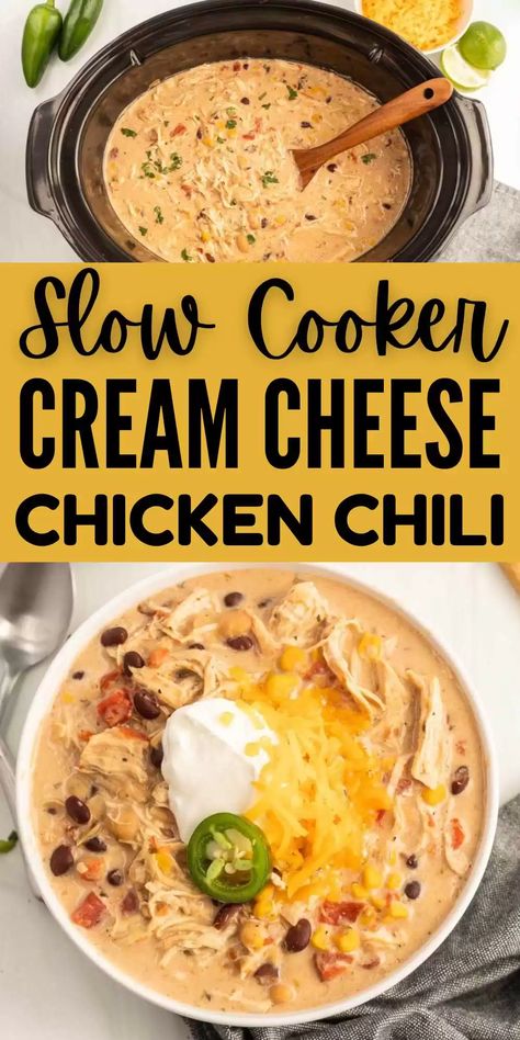 Cream Cheese Chili Crock Pot, Chicken Queso Chili, Best Crockpot Chicken Chili, White Chicken Chili Slow Cooker Cream Cheese, Creamy Chicken Chilli In Crock Pot, Slow Cooker Cream Cheese Chili, Chicken Soup Cream Cheese, 3 Hour Crockpot Recipes Chicken, White Chicken Chilli With Cream Cheese