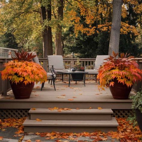 Autumn Deck Decor, Patio Fall Decor, Fall Outdoor Decorating, Fall Deck, Outdoor Decorating Ideas, Season Of Change, Make Your Home Cozy, Deck Decor, Outdoor Dinner Parties