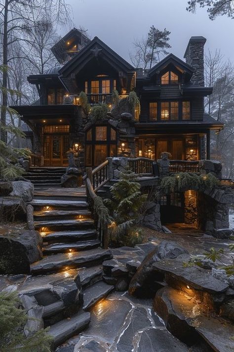 Dark House Exterior In The Woods, Design Patio Ideas, Backyard Patio Lights, Aesthetic Patio, Patio Aesthetic, Morden House, Fairytale Houses, Patio Decorations, Mountain Dream Homes