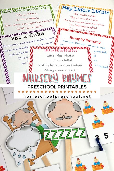 These preschool nursery rhymes activities are so much fun for little ones. Practice early literacy and math skills with your favorite Mother Goose rhymes! #preschoolnurseryrhymes #preschoolmothergoose #nurseryrhymes #homeschoolprek Nursery Rhymes Preschool Lesson Plans, Mother Goose Activities For Preschool, Preschool Nursery Room, To Market To Market Nursery Rhyme, Mother Goose Nursery Rhymes Crafts, Rhyme Activities Preschool, Pre K Nursery Rhymes Activities, Mother Goose Nursery Rhymes, Nursery Rhyme