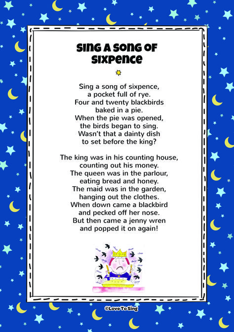 Nursery Rhyme Sing a Song of Sixpence. Kids will love this fun sing along rhyme! Free lyrics and music on our website #lovetosing#nurseryrhymes #freelyrics #freemusic Baby Lullaby Lyrics, Nursery Songs Lyrics, Kids Nursery Rhymes Songs, Sing A Song Of Sixpence, Nursery Rhymes Toddlers, Rhymes For Toddlers, Lullaby Lyrics, Lyrics Images, Old Nursery Rhymes