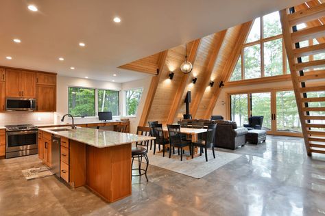 Triangle House Interior Design, A Frame With Deck, Timber Frame A Frame, A Frame Extension, A Frame Lighting Ideas, A Frame Lighting, A Frame House Kitchen, A Frame Kitchen Ideas, A Frame House Floor Plans