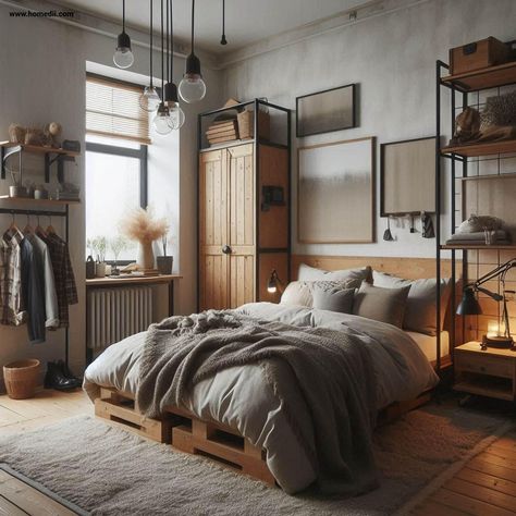 Small Industrial Bedroom - Personalize The Space Industrial Bedroom Decor Ideas, Minimalist Bedroom Layout, Small Industrial Bedroom, Industrial Boho Bedroom, Industrial Bedroom Ideas, Industrial Decor Bedroom, Bedroom Industrial, Industrial Bedroom Design, Industrial Style Bedroom