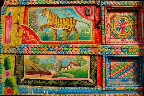 Painted panels. Indian Truck Art, Indian Truck, Pakistan Art, Pakistani Art, Truck Art, Painted Paneling, Woman Painting, Picture Book, Color Palette