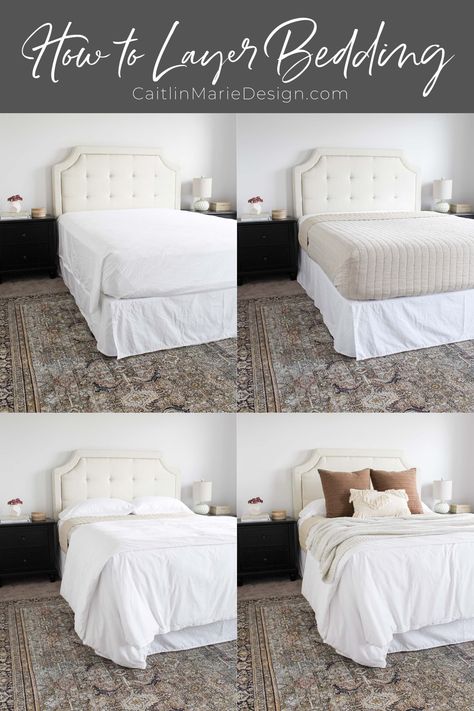 The secret to a cozy and stylish bedroom? It’s all about layers! Keep reading to learn how to layer bedding for a high end look that is also functional. (One Room Challenge, Week 4) Quilt Bedding Layering, Bed Linens Luxury Layered, Layers Of Bedding, How To Layer Quilt And Duvet, Bedding How To, Quilt And Duvet Layering Ideas, How To Bedding Layers, How To Style A Full Size Bed, Master Bed Linen Ideas