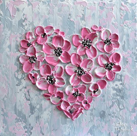 Heart Painting On Canvas, Impasto Flowers, Red Poppy Painting, Heart Art Print, Heart Canvas, Poppy Painting, Abstract Floral Art, Floral Rosa, Feather Painting