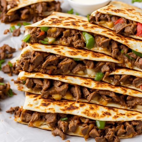 Philly Cheesesteak Quesadillas Recipe Quesadilla Party, Unique Quesadilla Recipes, Pork Spices, Spiced Vegetables, The World Is Your Oyster, World Is Your Oyster, Quesadilla Recipes, Philly Cheesesteak, Fruit Cocktails