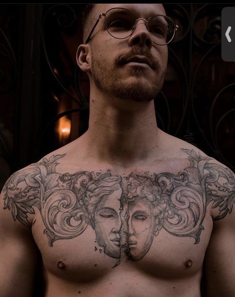 Greek Chest Tattoo Men, Mythology Chest Tattoo, Chest Armor Tattoo, Greek Mythology Tattoos Chest, Chest Peices Tattoos For Men, Mens Torso Tattoos, Greek Chest Tattoo, Realism Chest Tattoo, Pec Tattoo Men