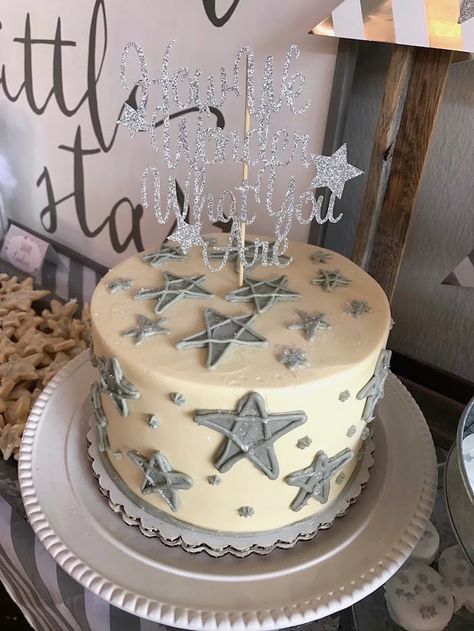 Kara's Party Ideas Rustic Twinkle Star Gender Reveal Baby Shower | Kara's Party Ideas Cloud Centerpieces, Cake With Stars, Balloon Lettering, Twinkle Twinkle Little Star Party, Star Gender Reveal, Frame Backdrop, Stars Cake, Star Gender, Star Cake