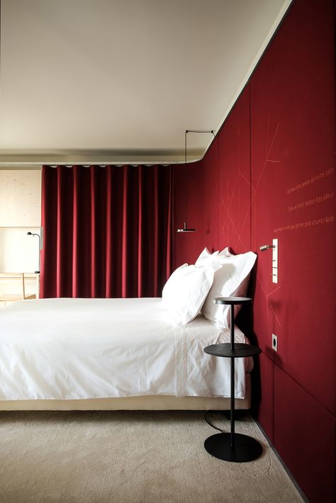 Gallery of São Lourenço House – Burel Panorama Hotel / Site Specific Arquitectura + P-06 Atelier - 4 Small Hotel Room, Red Hotel, Hotel Room Interior, Hotel Interior Design, Bedroom Panel, Small Hotel, City Hotel, Hotel Interior, Red Walls