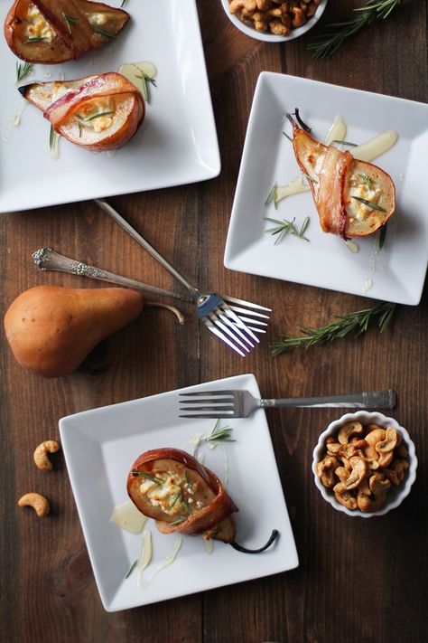 Bacon Wrapped Roasted Pears with Goat Cheese and Honey @roastedroot #appetizer #thanksgiving Bacon Wrapped Pears, Pear Goat Cheese Puff Pastry, Baked Pears With Goat Cheese, Pear Goat Cheese Appetizer, Baked Pears With Blue Cheese And Honey, Goat Cheese Bacon Wrapped Dates, Roasted Pear, Fruit Dishes, Honey Recipes