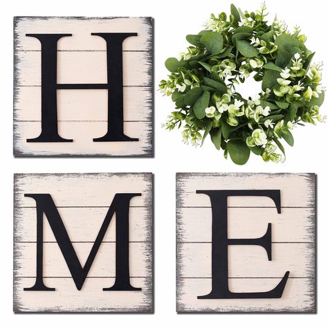 PRICES MAY VARY. Farmhouse Decor - This home wall sign with letters "H", "M", "E" is made of high quality wood, and the Artificial Eucalyptus Wreath for "O" . The rustic farmhouse wall decor signs hanging on the wall give your home a cozy warm touch, and the eye catching home signs will attract and surprise your guests. Home Wall Decor - The Rustic Hanging Wooden Sign with Letters have good durability and not easy to break, clear and no worry about fading. House decor is simple and elegant wall Foyer Wall Decor, Room Decor Wood, Farmhouse Shelves Decor, Large Wooden Letters, Bathroom Wall Decor Art, Cheap Farmhouse Decor, Pig Decor, Country Wall Decor, Artificial Eucalyptus