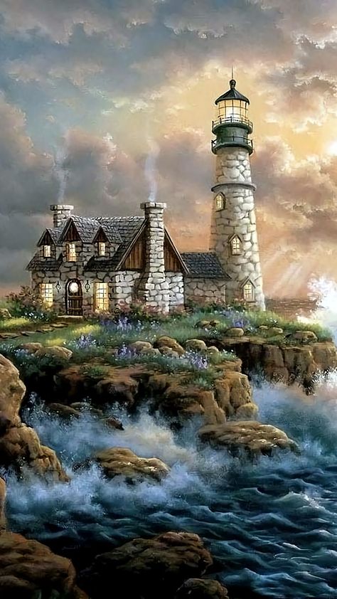 A stone lighthouse Thomas Kinkade Art, Kinkade Paintings, Navi A Vela, Lighthouse Painting, Lighthouse Pictures, Lighthouse Art, Beautiful Lighthouse, Thomas Kinkade, Grayscale Coloring