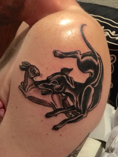 Dog chasing a rabbit. (Twenty one pilots lyric.) By Marie Sena at Electric Eye Oak Cliff TX Dog Chasing Rabbit Tattoo, Tøp Tattoos, Twenty One Pilots Tattoo, Pilot Tattoo, Twenty One Pilots Lyrics, Rabbit Tattoo, Oak Cliff, Rabbit Tattoos, Flash Sheet