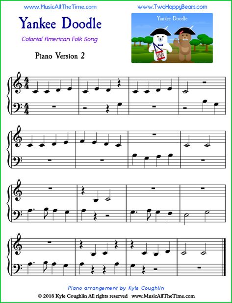 Yankee Doodle easy sheet music for piano, using both hands to play the melody.  Free printable PDF. #pianomusic #pianosheetmusic #forbeginners Right Hand Piano Sheet Music Easy, Free Piano Sheet Music Printables Easy, Beginner Piano Sheet Music For Kids, Yankee Doodle Piano, Easy Sheet Music For Piano, Doodle Sheet, Piano Sheet Music Beginners, Piano Worksheets, Doodle Easy