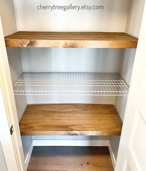 Wood Over Wire Shelving, Linen Closet Shelving Ideas, Shelf Cover Diy, Wire Rack Cover, Kitchen Pantry Shelves, Shelf Covers, Hallway Shelving, Closet Redesign, Rack Shelves