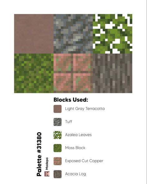 Acacia Wood Palette Minecraft, Minecraft Path Block Palette, Minecraft Tuff Block Palette, Cottagecore Minecraft Block Pallet, Moss Builds Minecraft, Green Minecraft Aesthetic, Minecraft Block Palette Spruce, Minecraft Desert Palette, Minecraft Acacia Palette