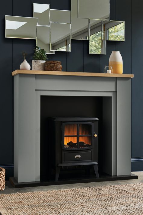 Next Malvern Grey Fireplace Surround -  Grey Grey Fireplace Surround, Faux Foyer, Wood Burning Stoves Living Room, Wood Fireplace Surrounds, Log Burner Living Room, Grey Fireplace, Fake Fireplace, New House Living Room, Brick Fireplace Makeover