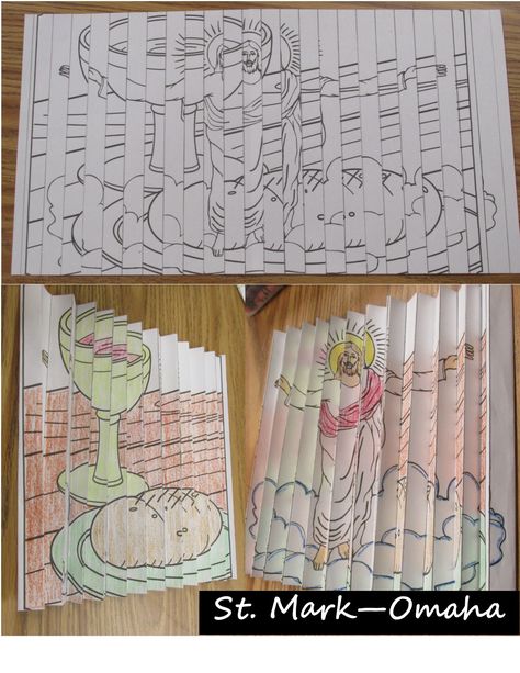 Sunday school craft - a special coloring sheet to help kids remember that Jesus is present in the Lord's supper bread and wine. The colored sheet is accordion folded so that the bread and wine are visible from one angle and Jesus is visible from another angle. Two different pictures were cut into strips, alternated, and then reattached to make the special coloring sheet. Last Supper Craft, Lord's Supper, Bread And Wine, Lords Supper, Catholic Christmas, Hebrew School, Children's Church Crafts, Christmas Bingo, Christian Crafts