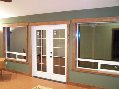 green and wood for Jay Rustic Wood Trim, Doorway Molding, Light Wood Trim, Pnw Decor, Trim Molding Ideas, Vinyl Window Trim, Interior Window Trim, Pine Trim, Rustic Furniture Design