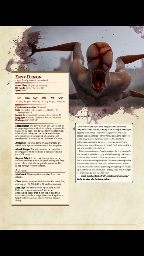 Envy Demon D&D Dnd Monsters Low Level Homebrew, Envy Demon, Dnd Demons, Demon Dnd, Homebrew Monsters, Dnd Monster, Dragon Age Rpg, Dnd Stats, Dnd Homebrew