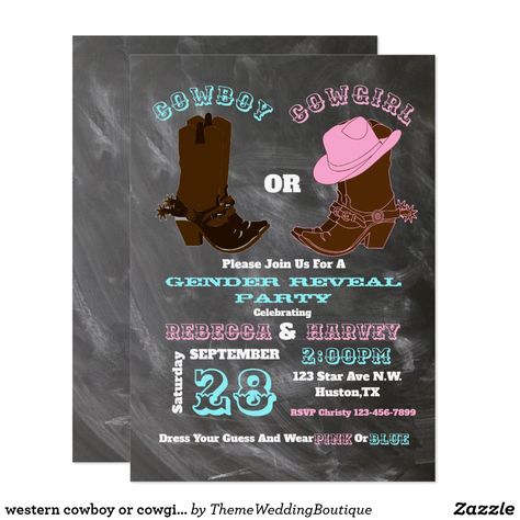 western cowboy or cowgirl gender reveal party invitation Cowboy Or Cowgirl Gender Reveal, Western Baby Shower Invitations, Cowboy Baby Shower Theme, Country Girl Gifts, Pregnancy Gender, Pregnancy Gender Reveal, Gender Reveal Party Theme, Cowboy Baby Shower, Western Baby