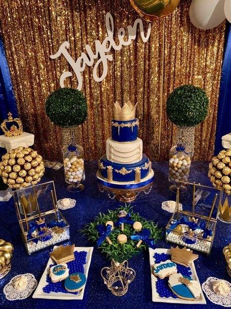 Royal Blue And Gold Treat Table, Royal Blue And Gold Dessert Table, Blue And Gold Dessert Table, Royal Prince Birthday Theme, Gold Dessert Table, Prince Birthday Theme, Blue Birthday Cakes, Prince Party, Quince Decorations