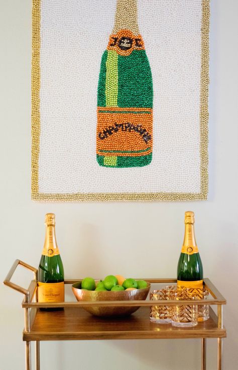 Mardi Gras Beads Crafts Diy, Champagne Bottle Art, Diy With Mardi Gras Beads, Mardi Gras Beads Crafts Decor, Bead Wall Art, Mardi Gras Bead Painting, Beaded Wall Art, Mardi Gras Bead Art On Canvas, Champagne Decor